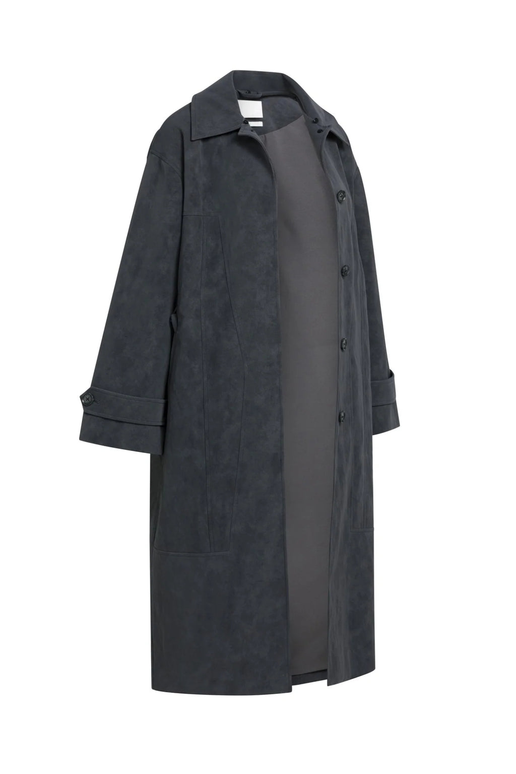 YAYA Faux Nubuck Leather Long Jacket with Detachable Collar - Hole Black 02-009082-609