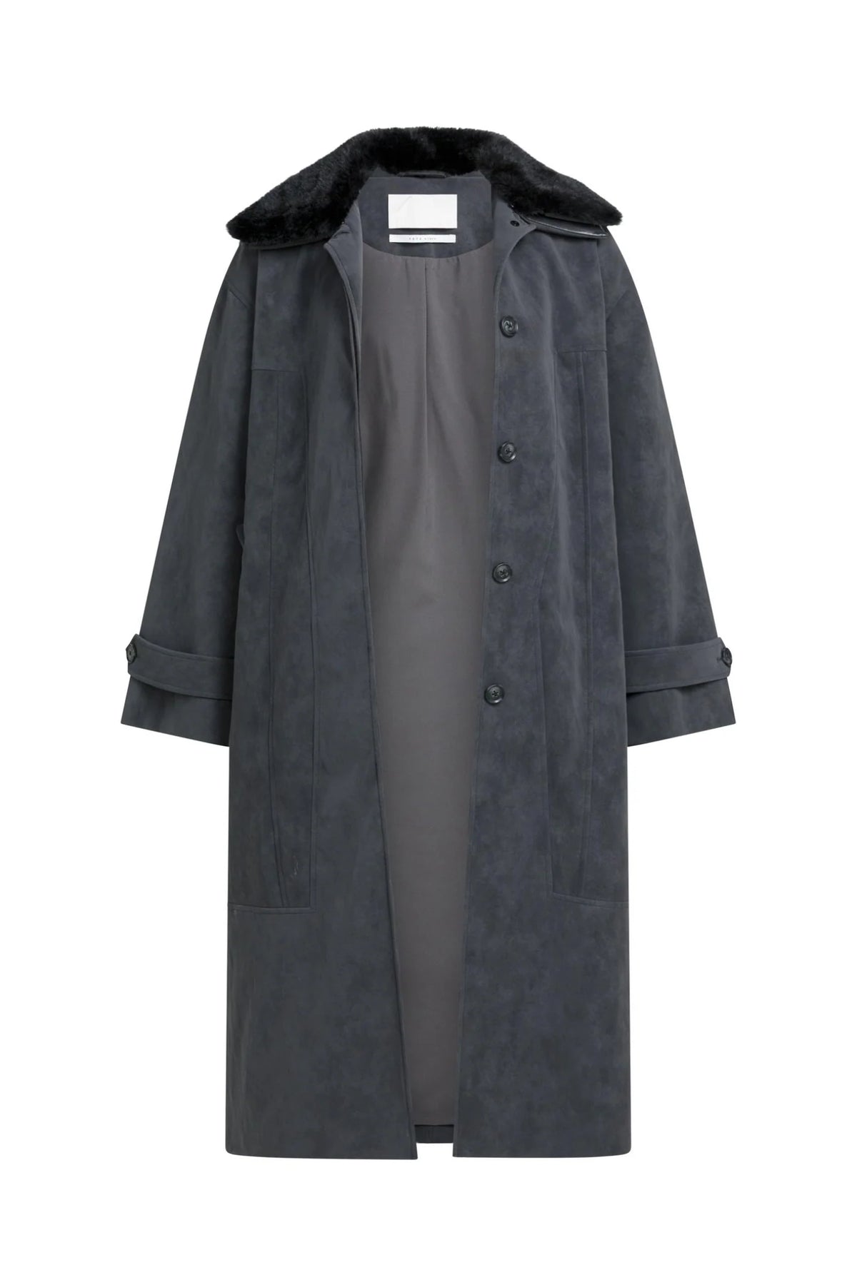 YAYA Faux Nubuck Leather Long Jacket with Detachable Collar - Hole Black 02-009082-609