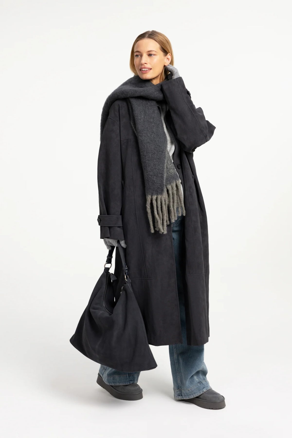 YAYA Faux Nubuck Leather Long Jacket with Detachable Collar - Hole Black 02-009082-609