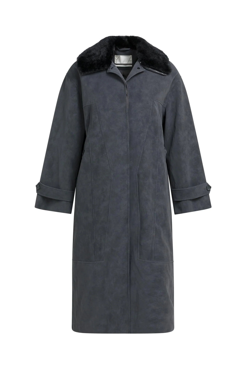 YAYA Faux Nubuck Leather Long Jacket with Detachable Collar - Hole Black 02-009082-609
