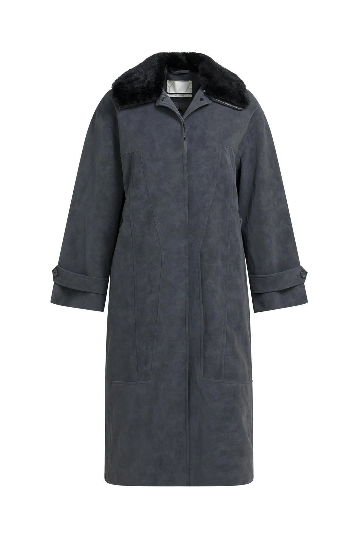 YAYA Faux Nubuck Leather Long Jacket with Detachable Collar - Hole Black 02-009082-609