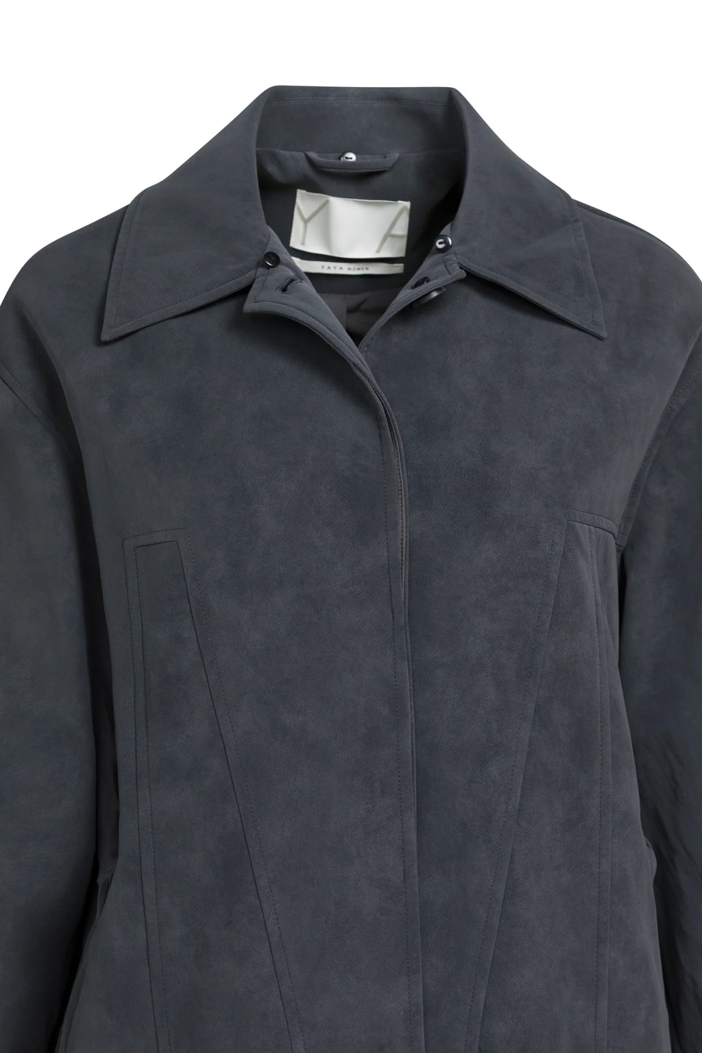 YAYA Faux Nubuck Leather Long Jacket with Detachable Collar - Hole Black 02-009082-609