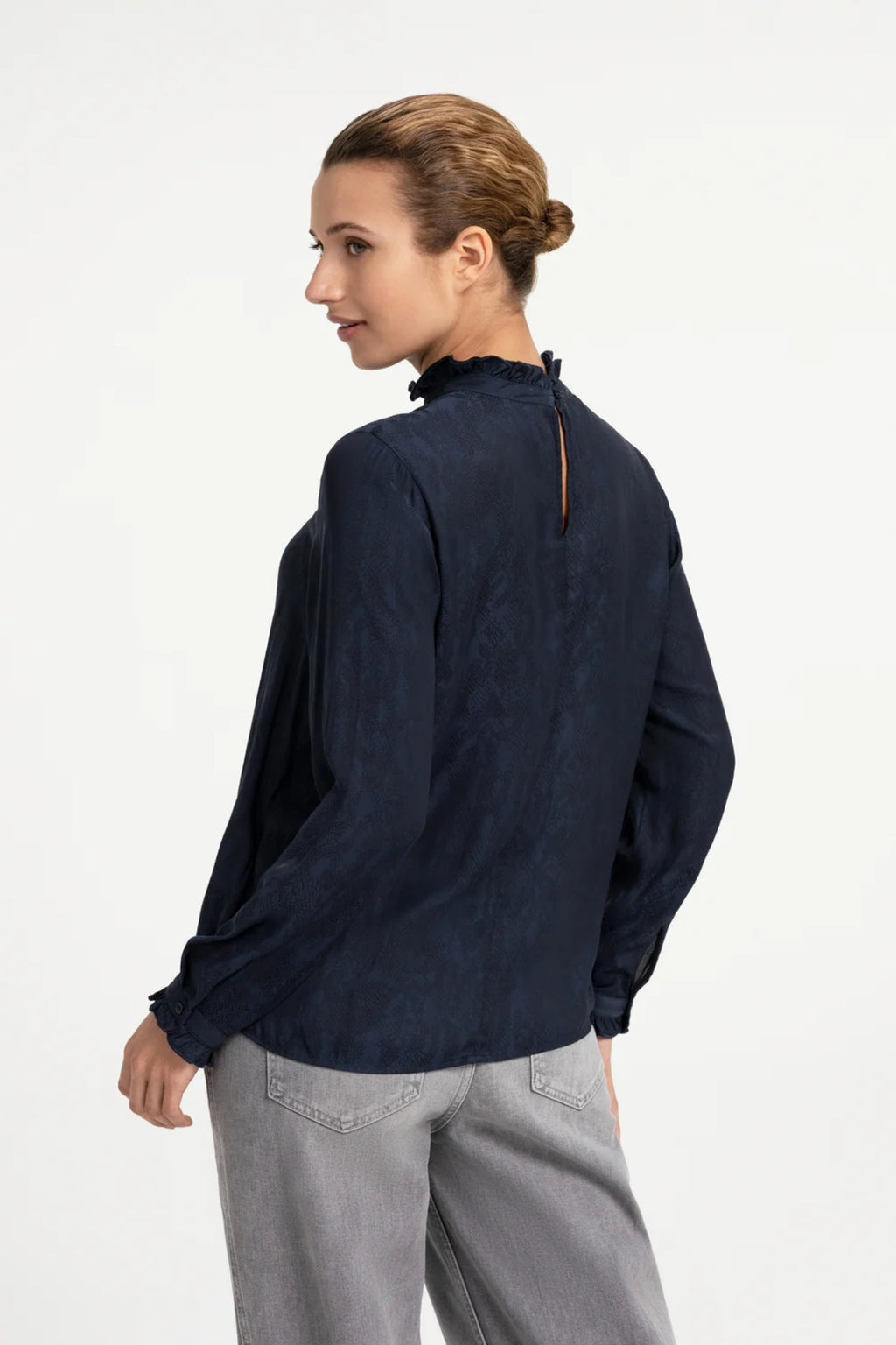 YAYA Long Sleeve Top with Ruffles - Cat Black Dessin 01-709418-609