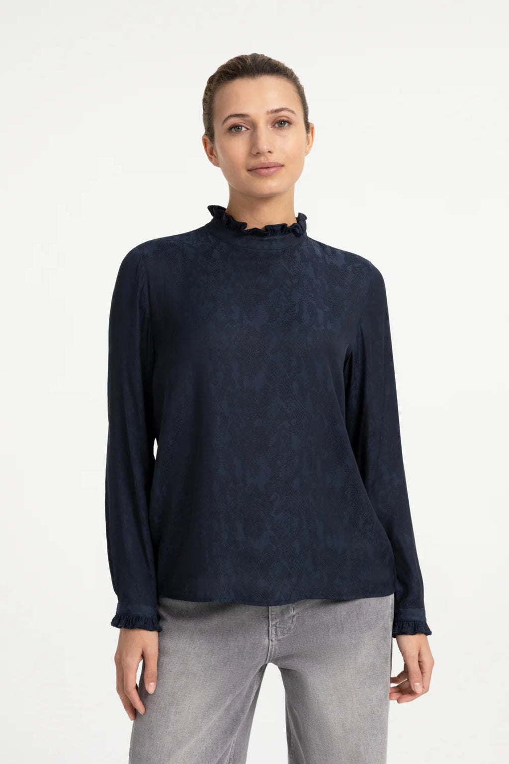 YAYA Long Sleeve Top with Ruffles - Cat Black Dessin 01-709418-609