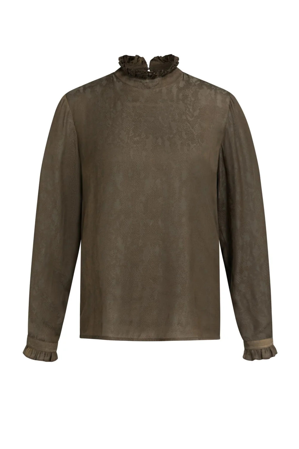 Shop YAYA’s Long Sleeve Top with Ruffle Details in Slate Black Brown Dessin at Dotique. A textured top with delicate neckline and cuff ruffles.