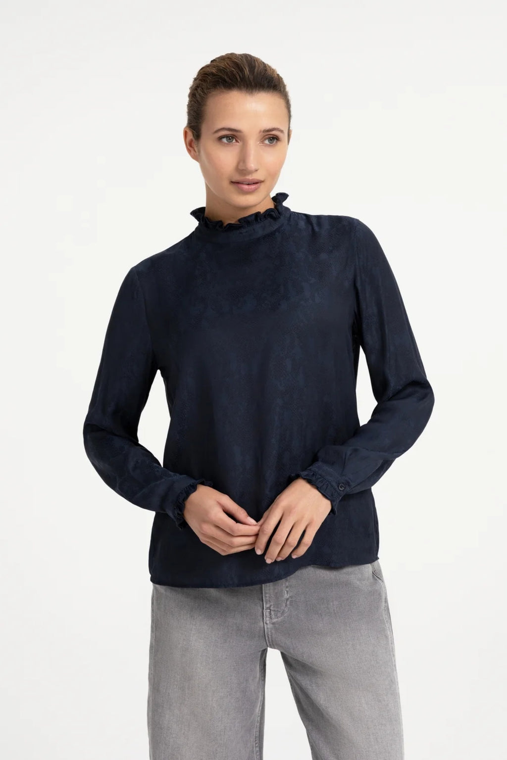 YAYA Long Sleeve Top with Ruffles - Cat Black Dessin 01-709418-609