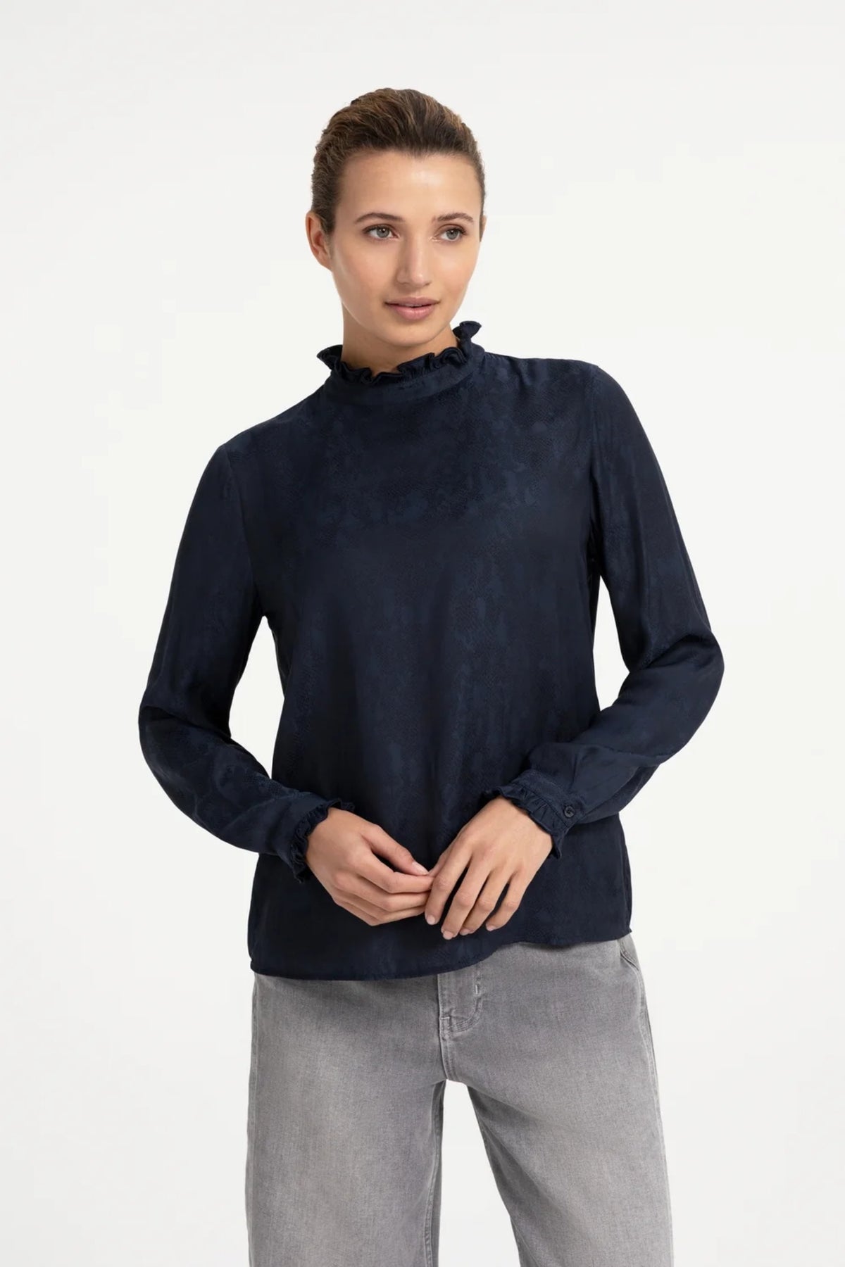 YAYA Long Sleeve Top with Ruffles - Cat Black Dessin 01-709418-609