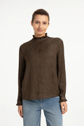 Shop YAYA’s Long Sleeve Top with Ruffle Details in Slate Black Brown Dessin at Dotique. A textured top with delicate neckline and cuff ruffles.