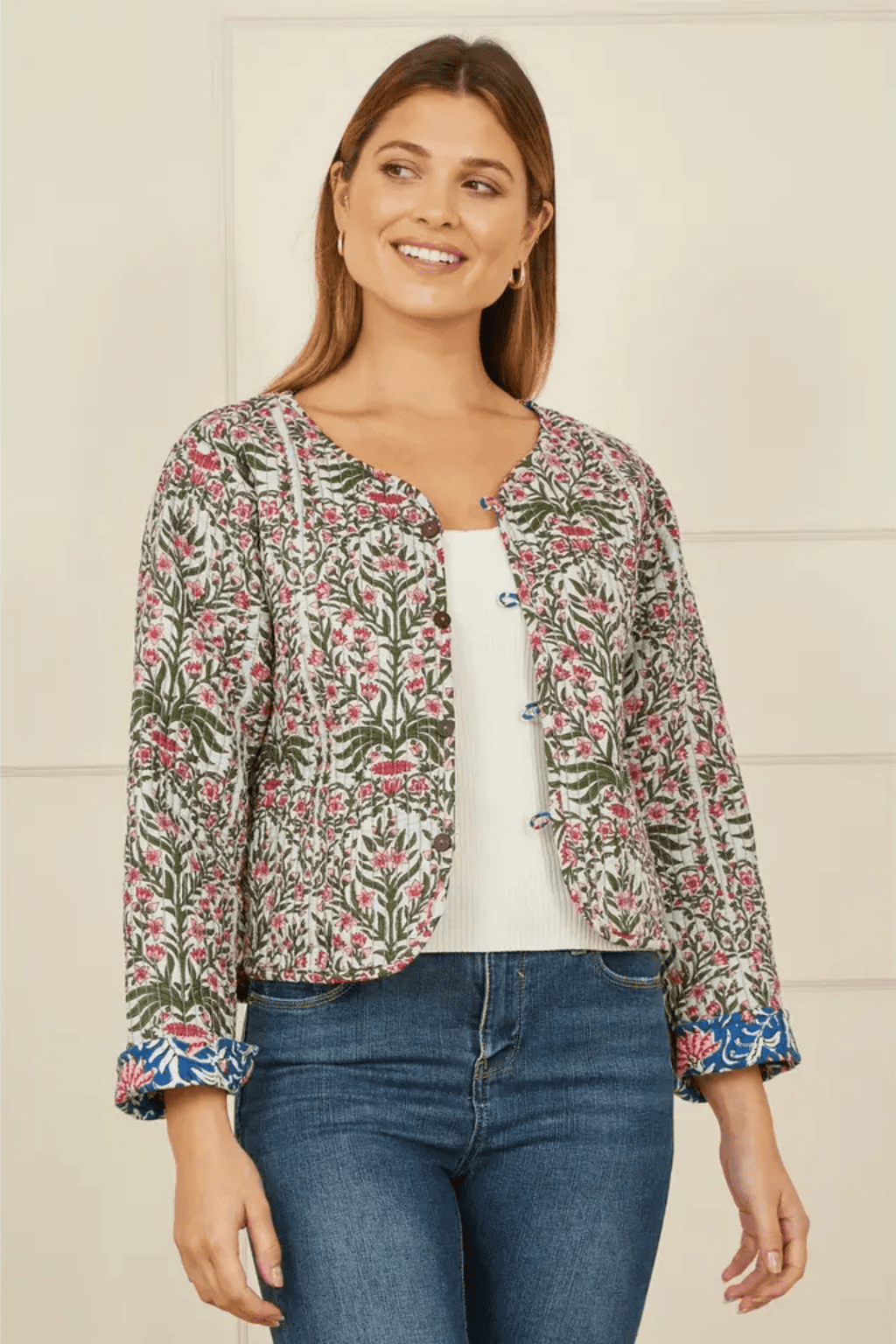 Yumi Blue Floral Reversible Cotton Quilted Jacket