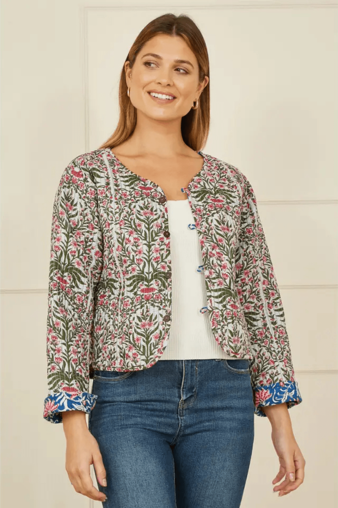Yumi Blue Floral Reversible Cotton Quilted Jacket