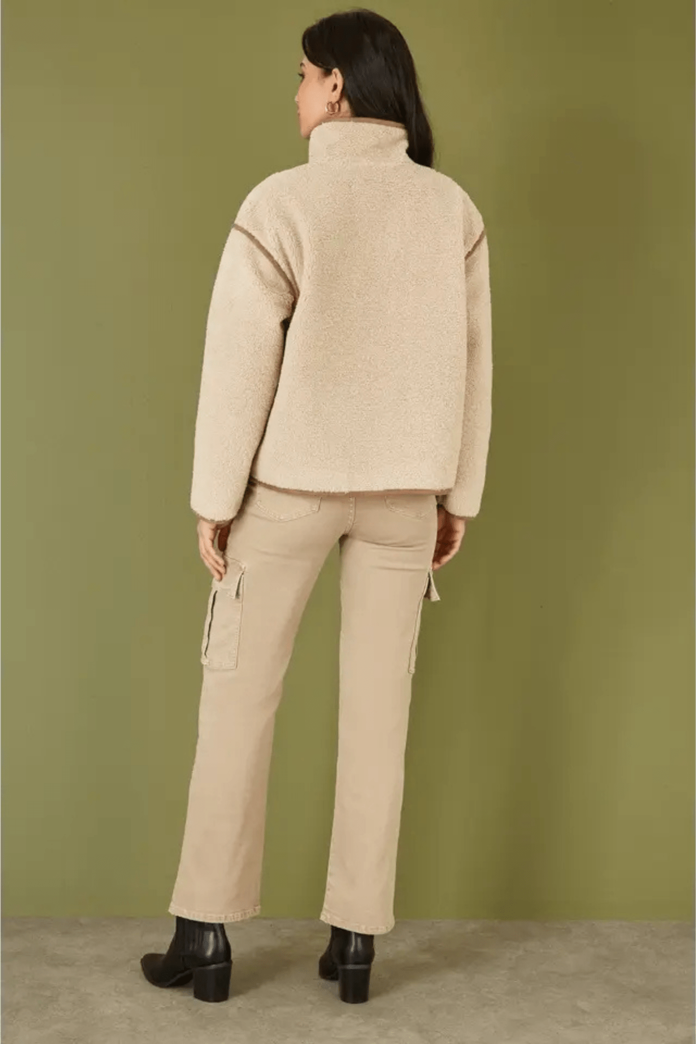 Yumi Cream Borg High Neck Jacket With Faux Leather Trims