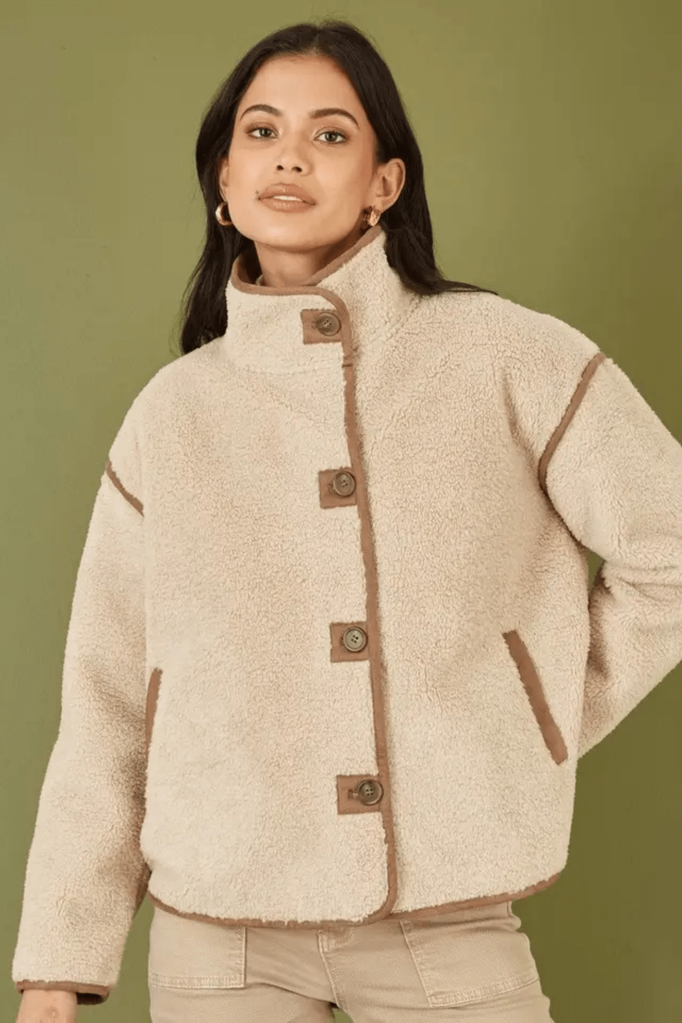 Yumi Cream Borg High Neck Jacket With Faux Leather Trims