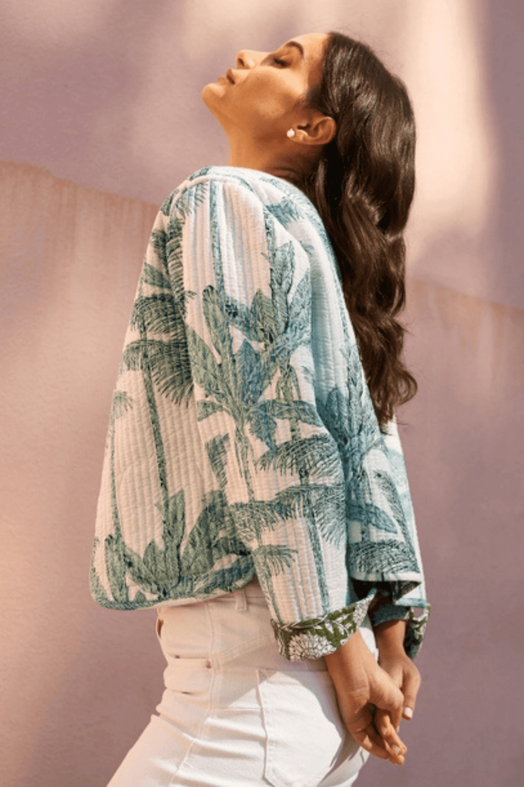 Yumi Green Palm Print Reversible Cotton Cropped Quilted Jacket