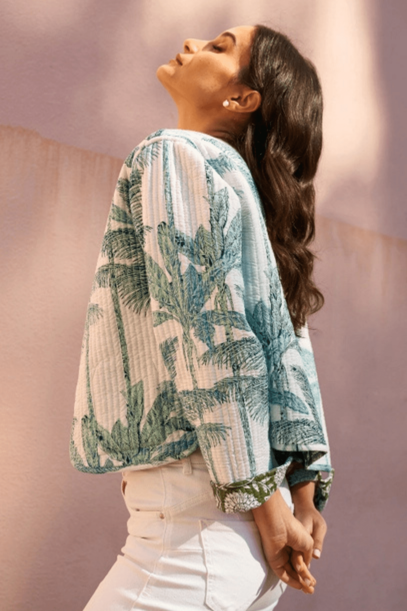 Yumi Green Palm Print Reversible Cotton Cropped Quilted Jacket
