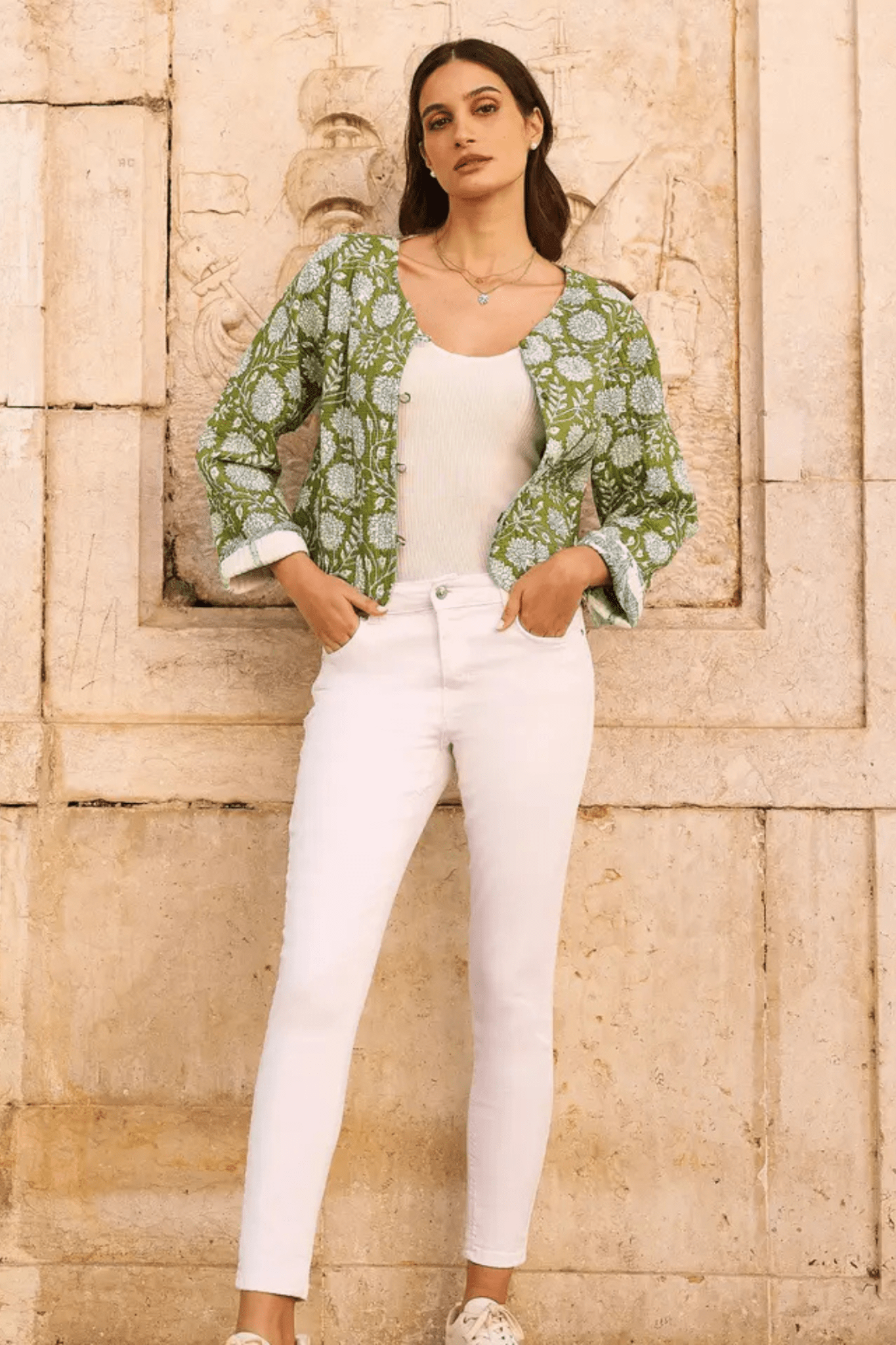 Yumi Green Palm Print Reversible Cotton Cropped Quilted Jacket