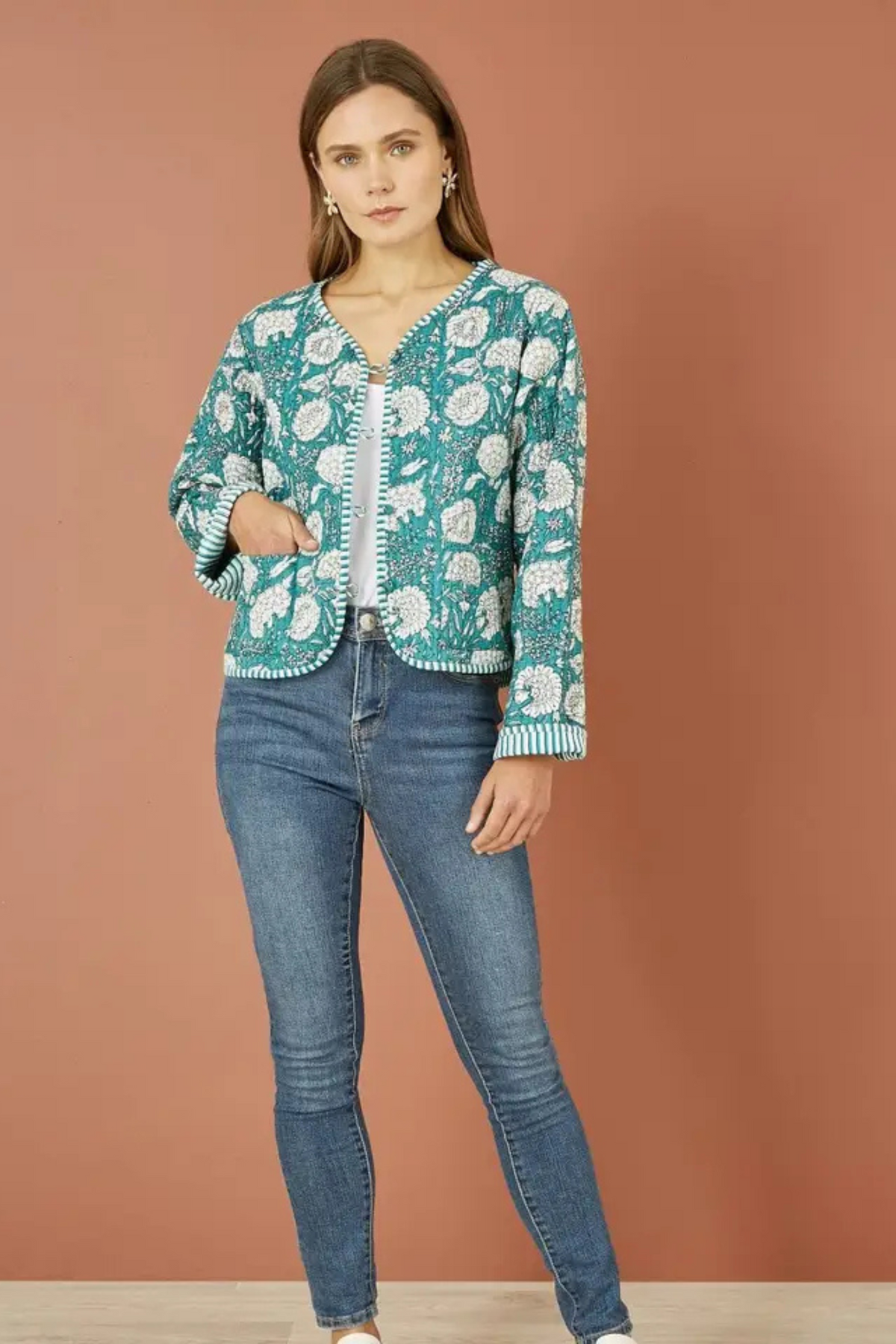 Yumi Green Patchwork Print Reversible Cotton Quilted Jacket