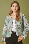 Yumi Grey Animal Print Reversible Cotton Cropped Quilted Jacket