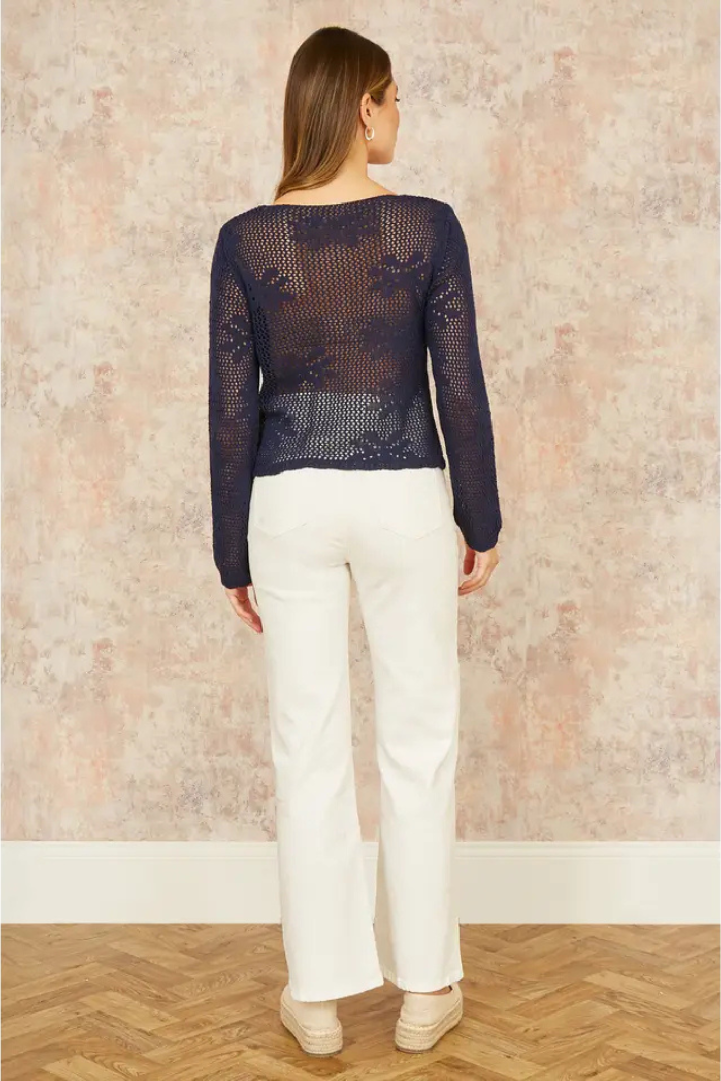 Yumi Navy Flower Crochet Button Up Cardigan