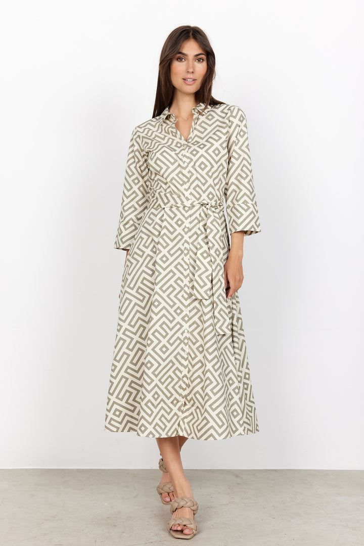 Soya Concept Kirsty 2 Green and Cream Geometric Print Fitted Shirt Dress Front View | Dotique
