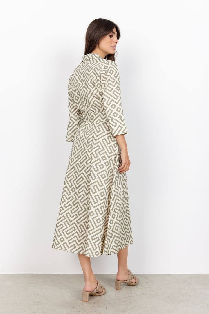 Soya Concept Kirsty 2 Green and Cream Geometric Print Fitted Shirt Dress Back View | Dotique