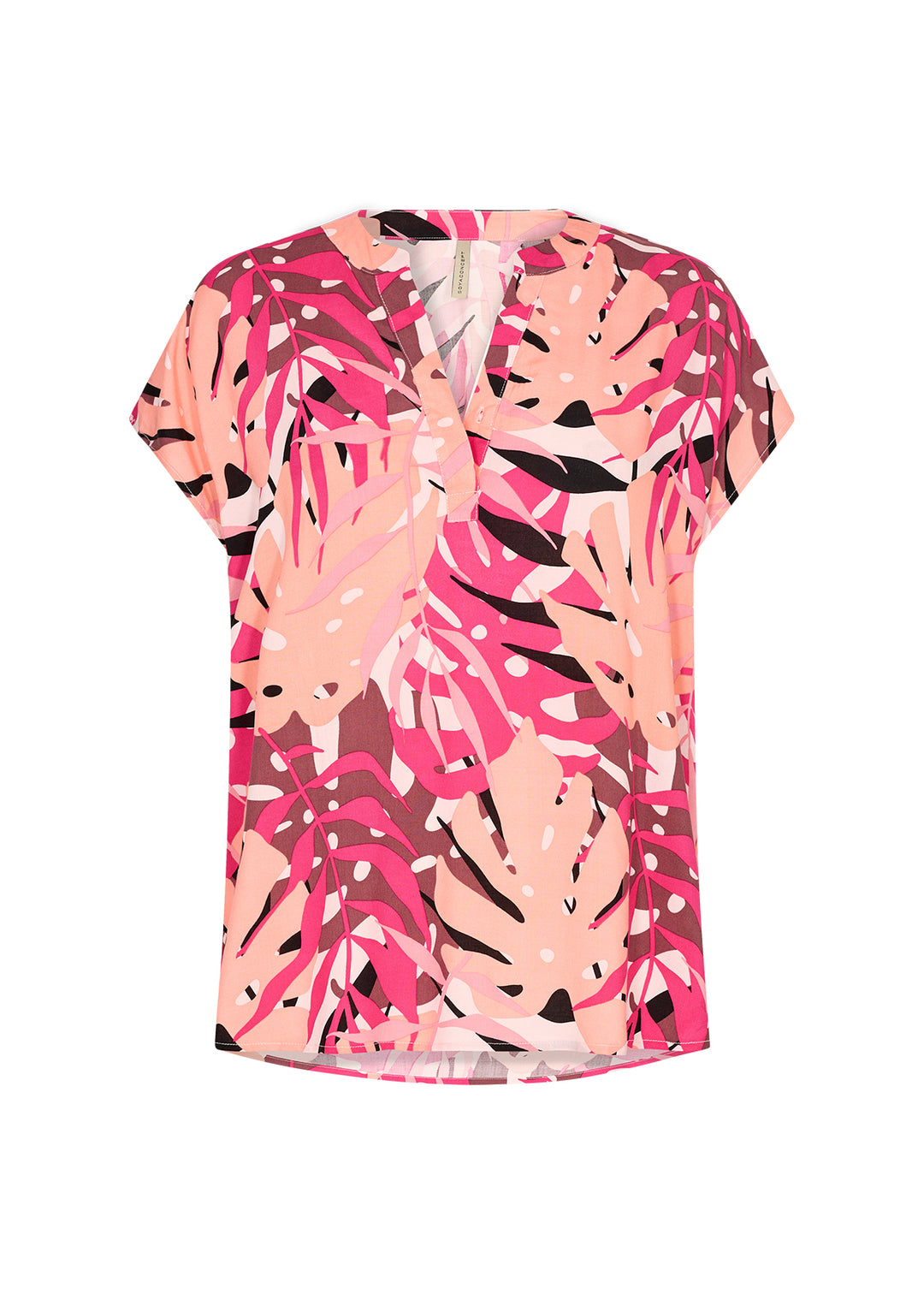 Soya Concept Kabrina 1 Pink Leaf Print Cap Sleeve Top Front View | Dotique