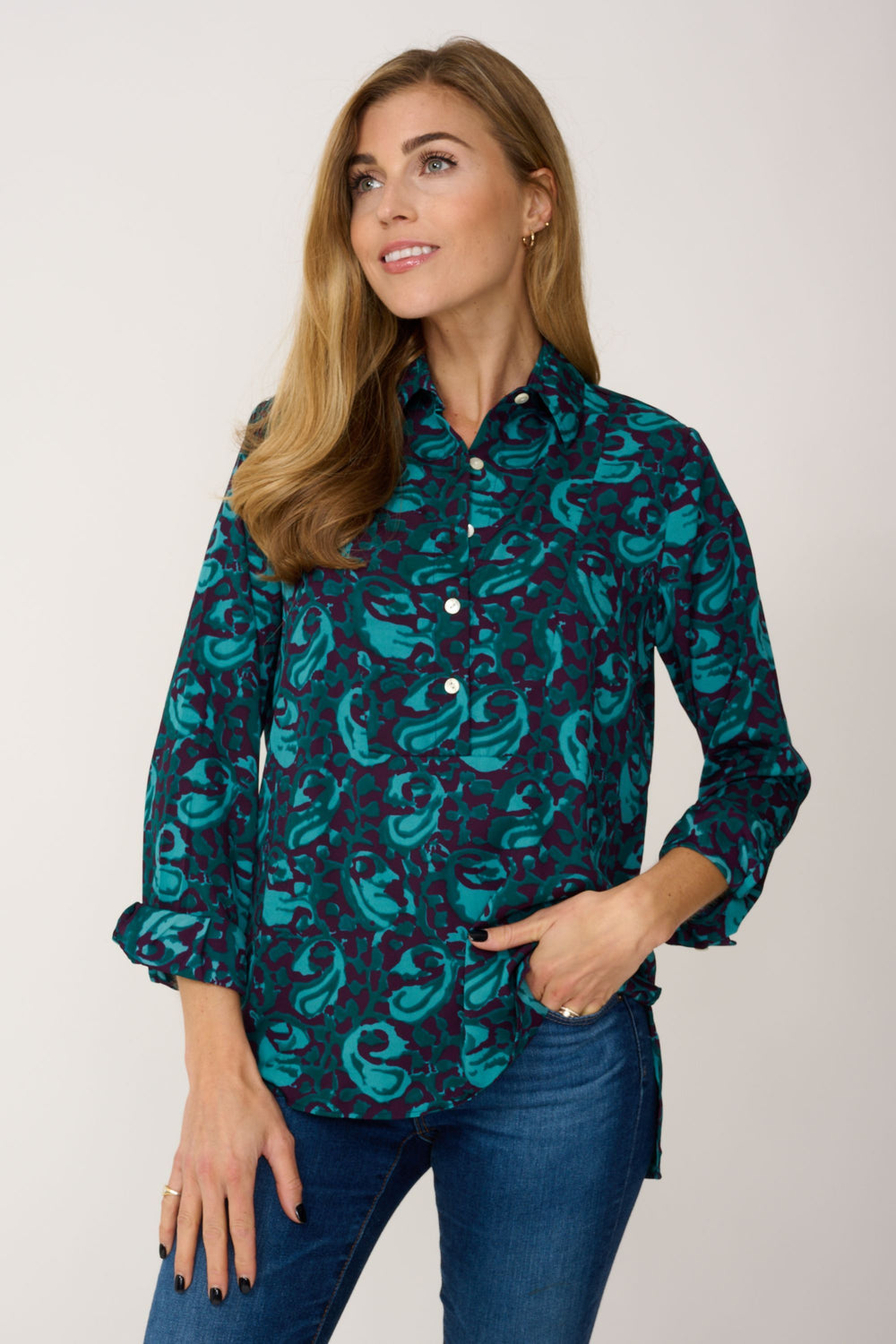 At Last Soho Shirt in Teal & Purple Swirl Front Lifestyle 2 | Dotique