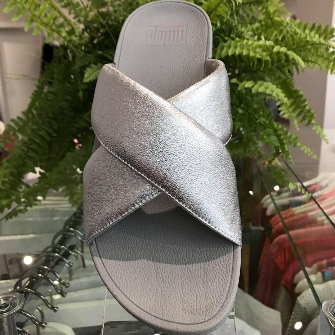 FitFlop Lulu Silver Cross Slider Sandals | Dotique