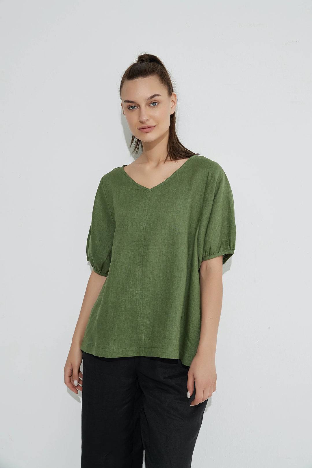 Foil 2394 Bishop Sleeve Tee Green Front Lifestyle | Dotique