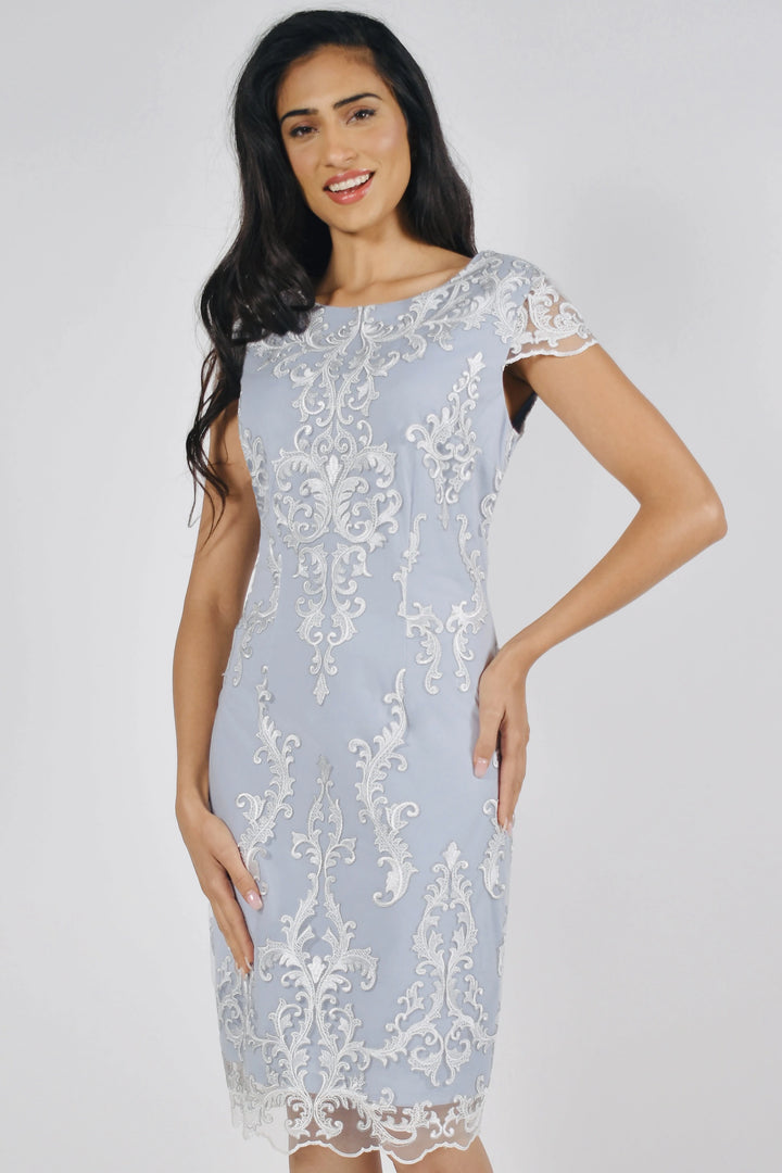 Frank Lyman 222280 White/ Blue Dress Front Lifestyle | Dotique