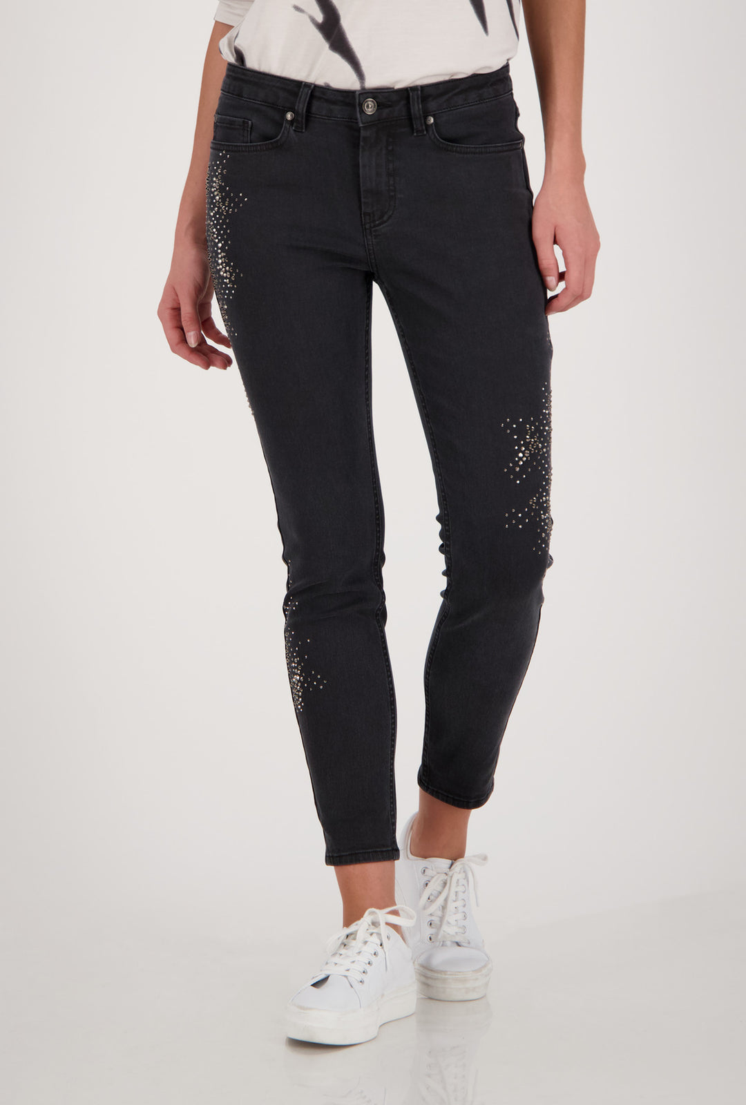 Monari 405892 Dark Grey Skinny Jeans with Rhinestones Front Model | Dotique