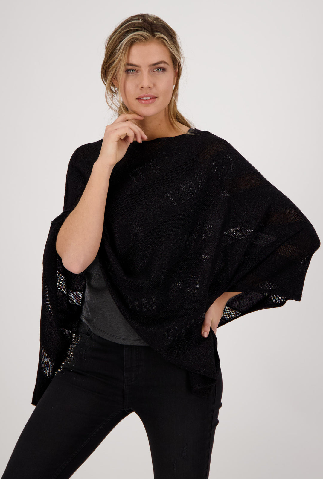 Monari 406595 Black Ajour Knit Poncho with Lurex Lifestyle Front | Dotique