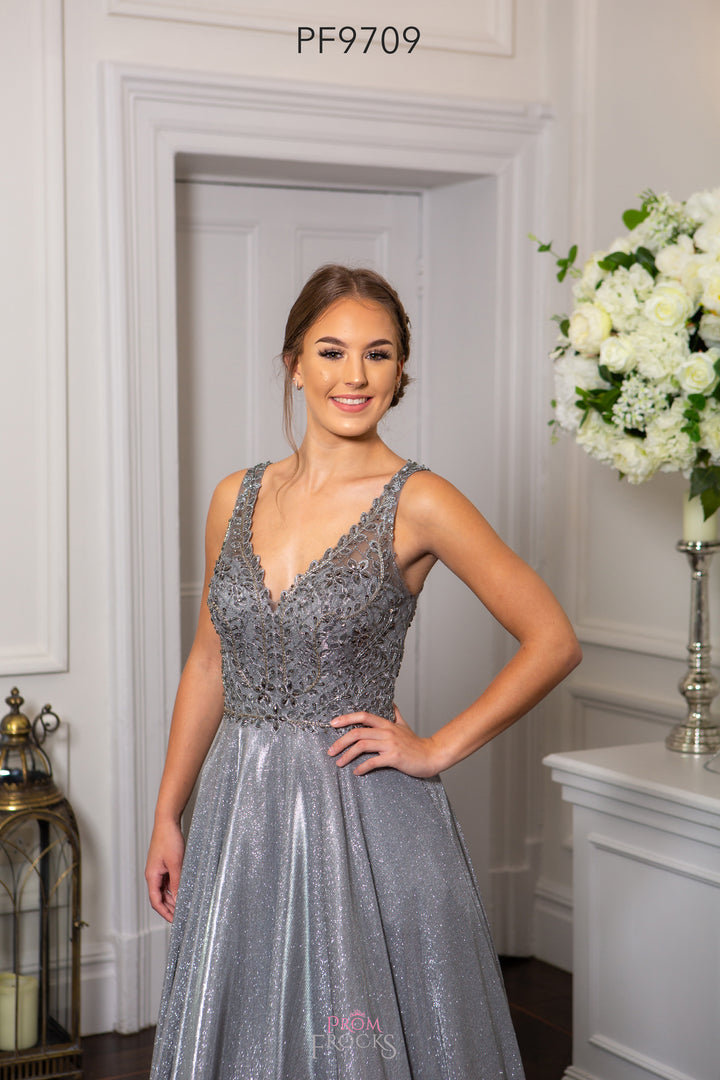 PromFrocks 9709 Prom Dress Dotiquer Chesterfield silver v neck prom dress