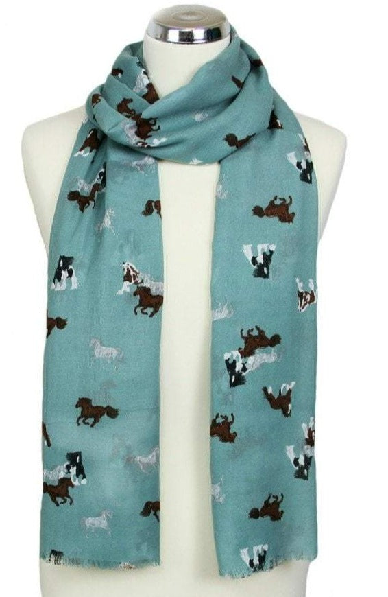 Peony Duck Egg Horse Print Scarf Front | Dotique