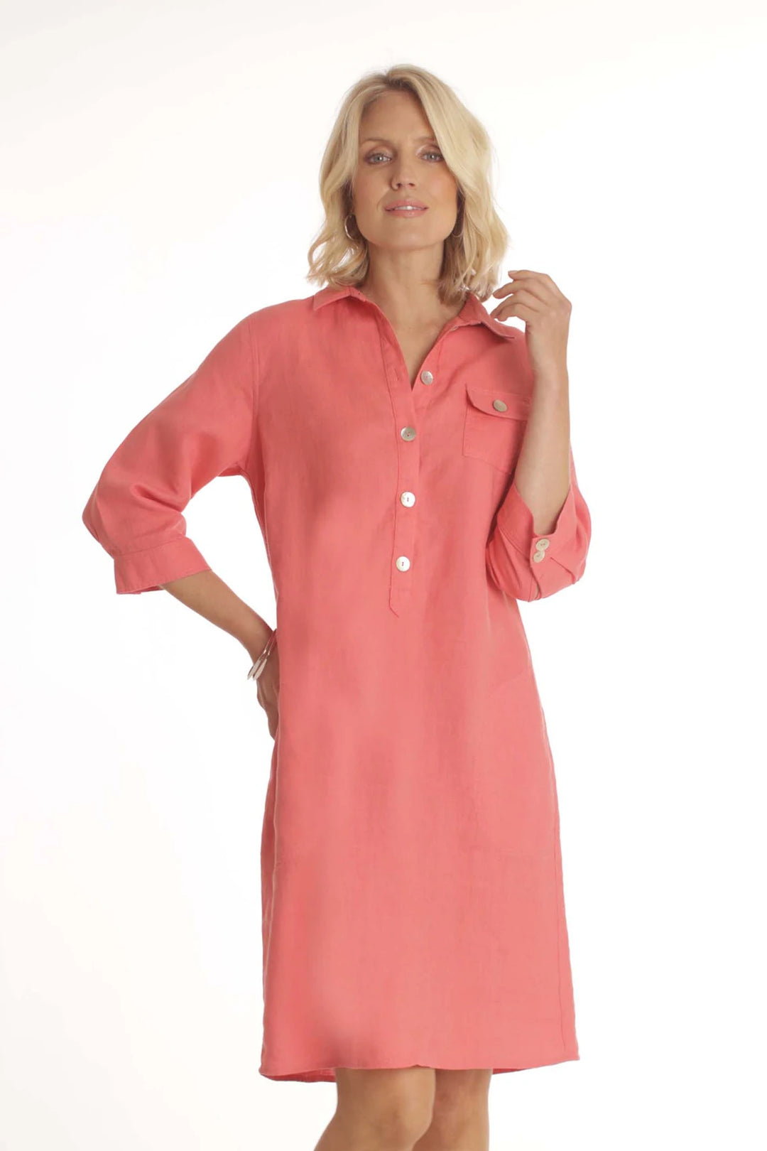 Pomodoro 42204 Coral Linen Shirt Dress | Dotique