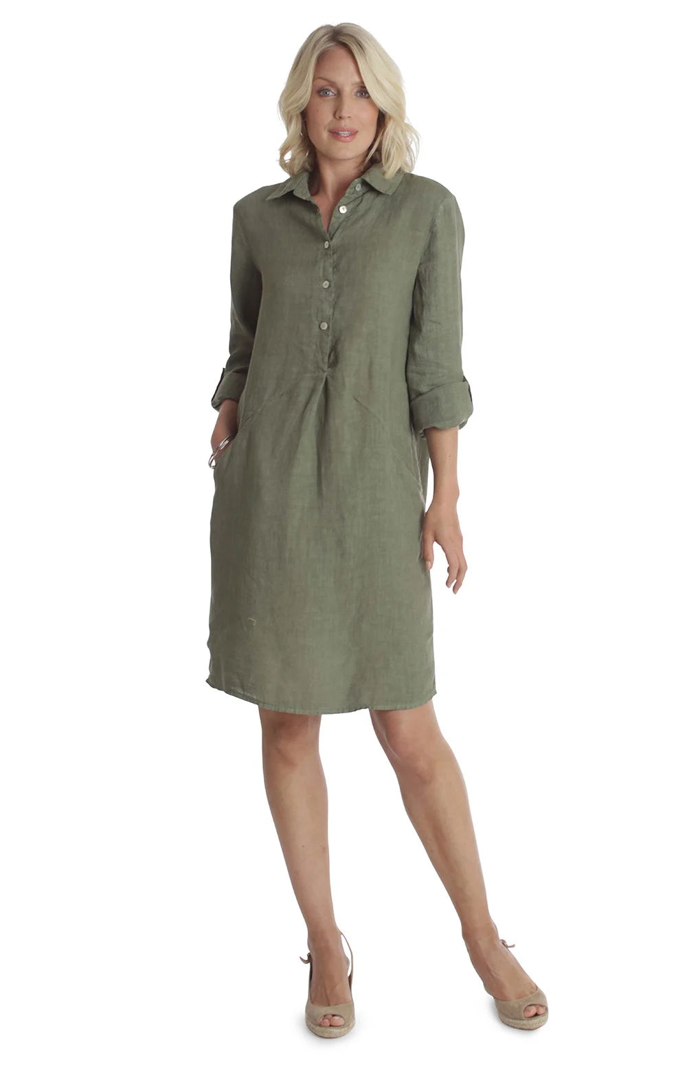 Pomodoro 42205 Khaki Linen Tunic Dress Front Lifestyle | Dotique