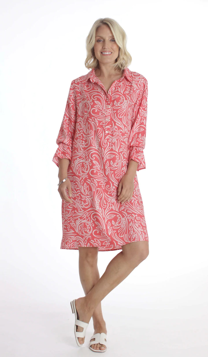 Pomodoro 52213 Coral Monotone Shirt Dress Front Lifestyle | Dotique