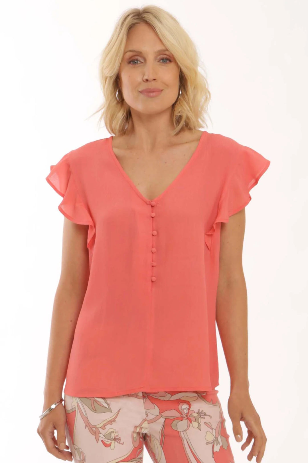 Pomodoro 52228 Coral Solid Frill Sleeve Top Lifestyle | Dotique