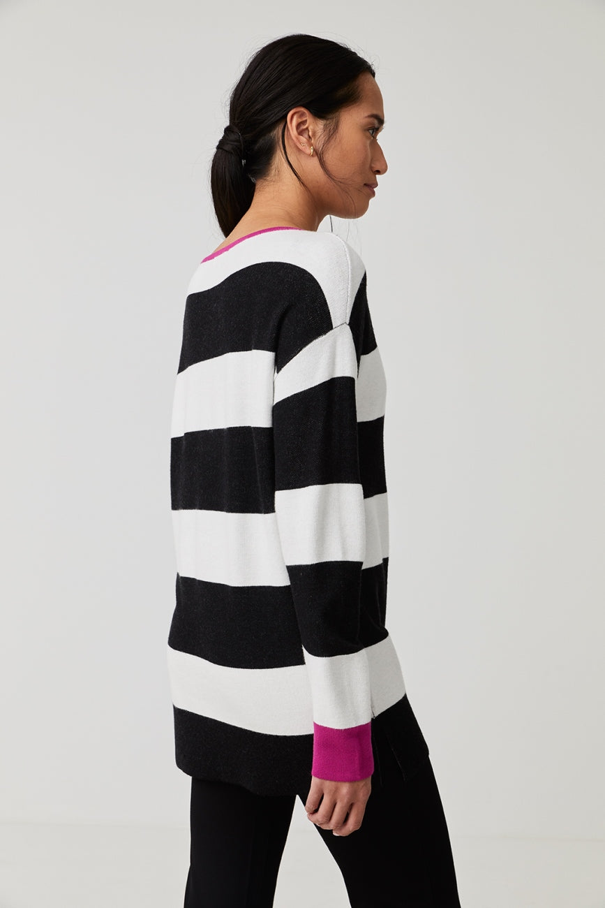 Surkana Black and White Boat Neck Jumper With Thick Stripes 551FUNN233_02_l Lifestyle Back | Dotique
