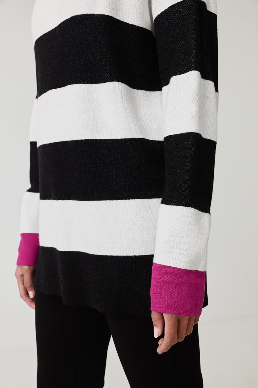 Surkana Black and White Boat Neck Jumper With Thick Stripes 551FUNN233_02_l Lifestyle Detail | Dotique