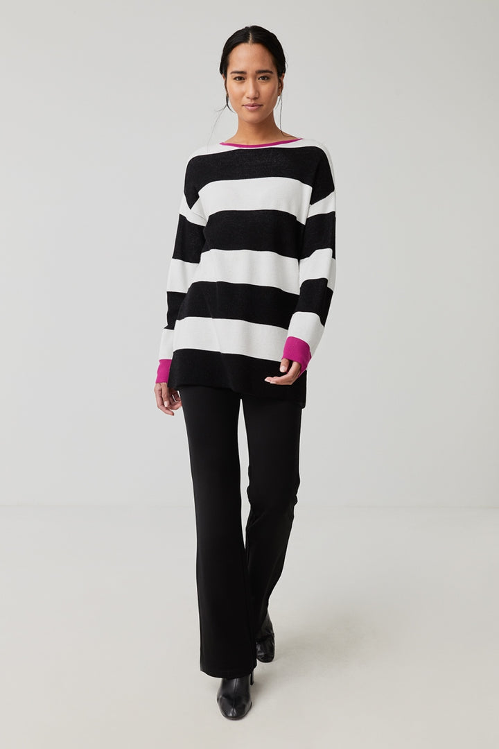 Surkana Black and White Boat Neck Jumper With Thick Stripes 551FUNN233_02_l Lifestyle Front 2 | Dotique