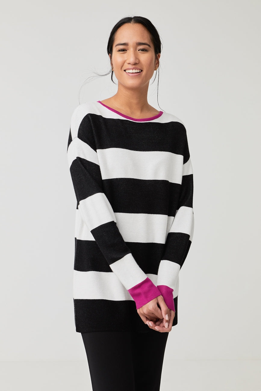 Surkana Black and White Boat Neck Jumper With Thick Stripes 551FUNN233_02_l Lifestyle Front | Dotique