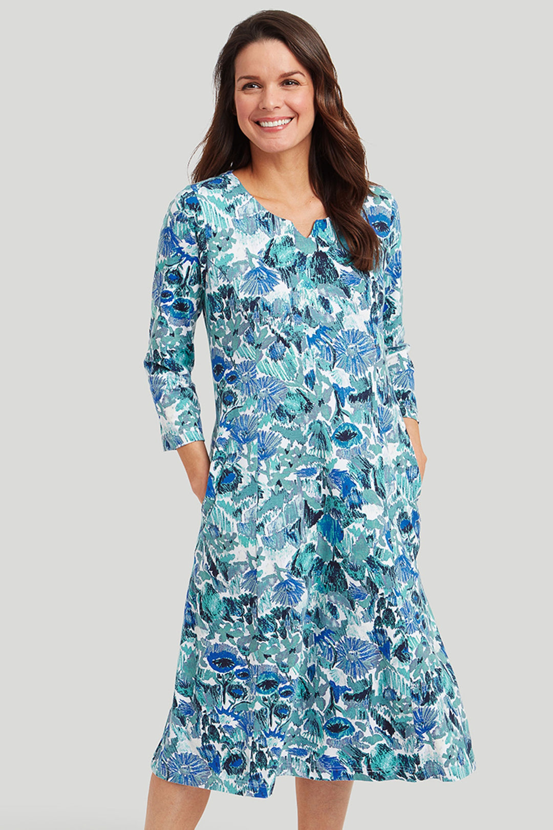 Adini 415193SC483 Becky Blue Mix Scribbly Floral Print Dress - Dotique