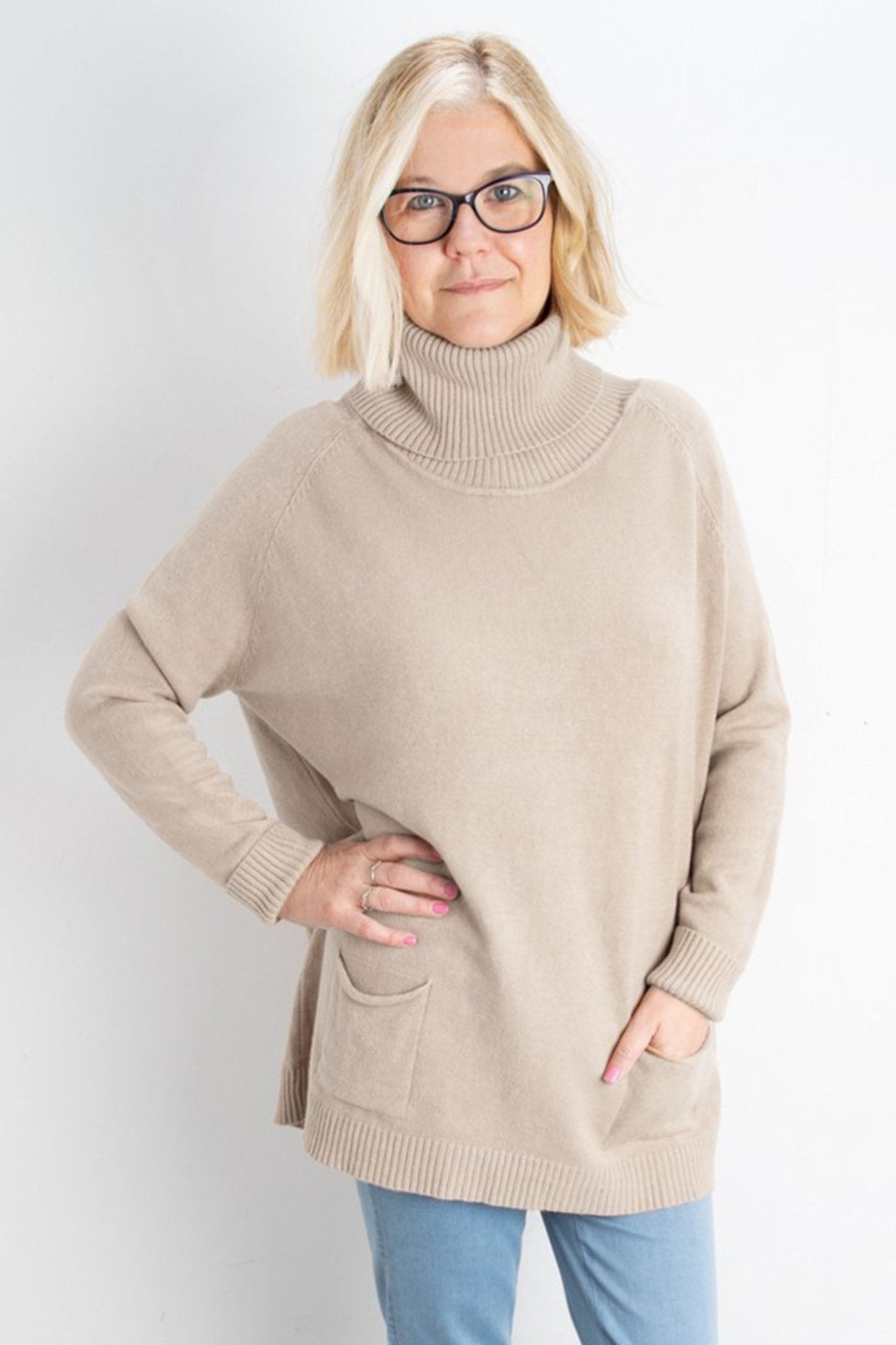 Amazing Woman Anna 082 Beige Roll Neck Jumper With Pockets - Dotique - Amazing Woman
