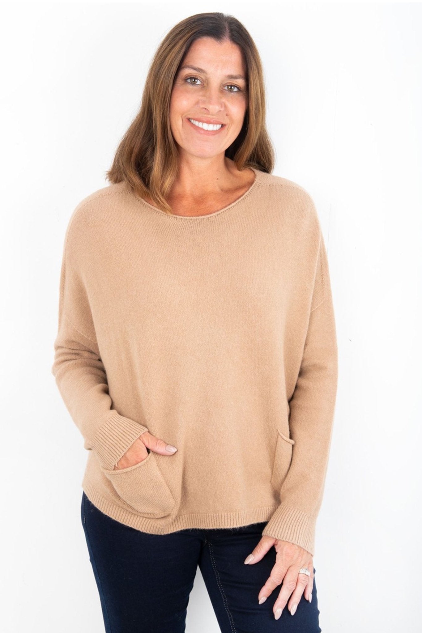 Amazing Woman Jodie 338 Latte Shake Beige Fine Knit Jumper With Pockets - Dotique - Amazing Woman