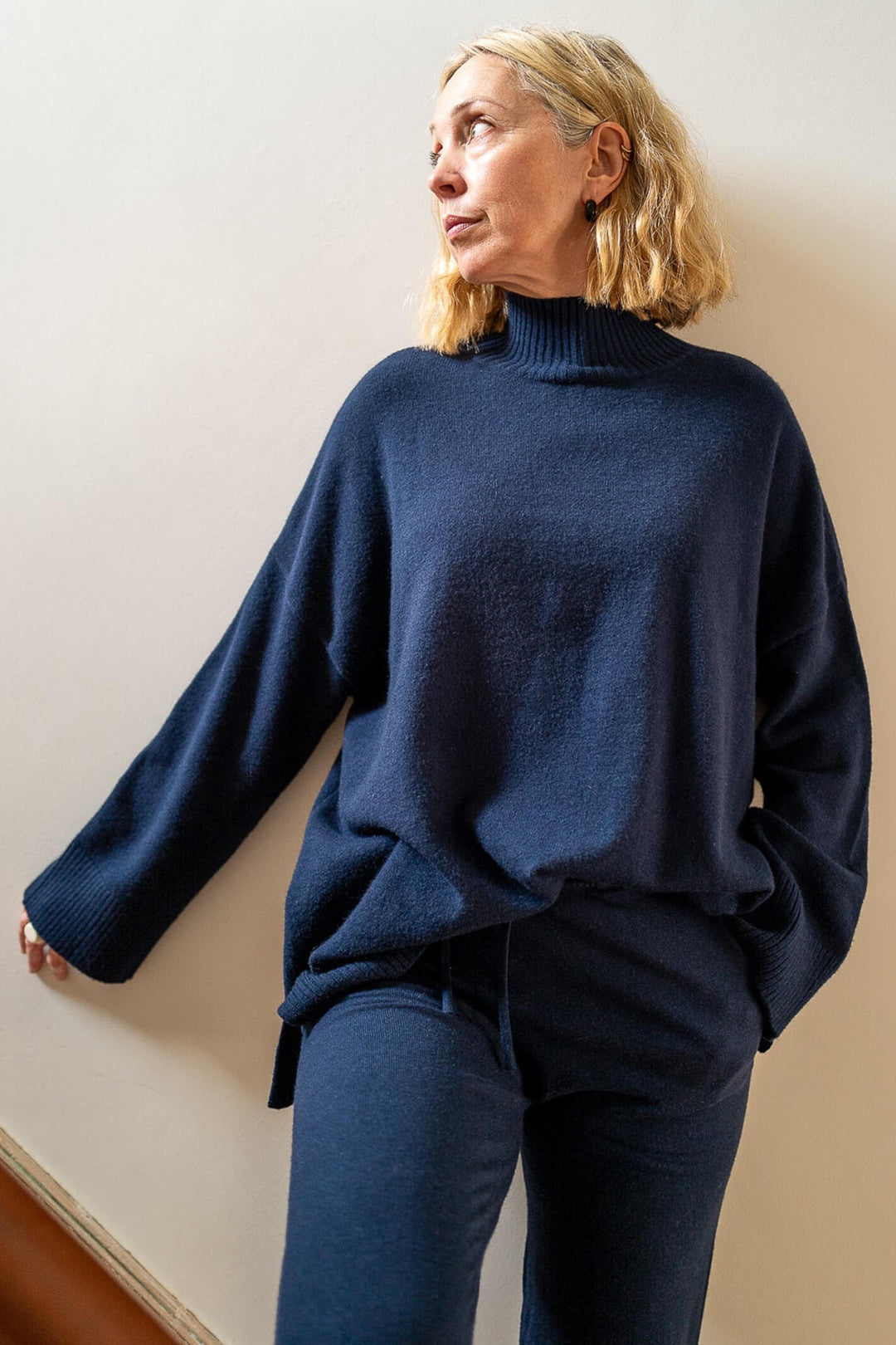 Chalk Lyndsey Navy Relaxed Fit Funnel Neck Jumper - Dotique Chesterfield
