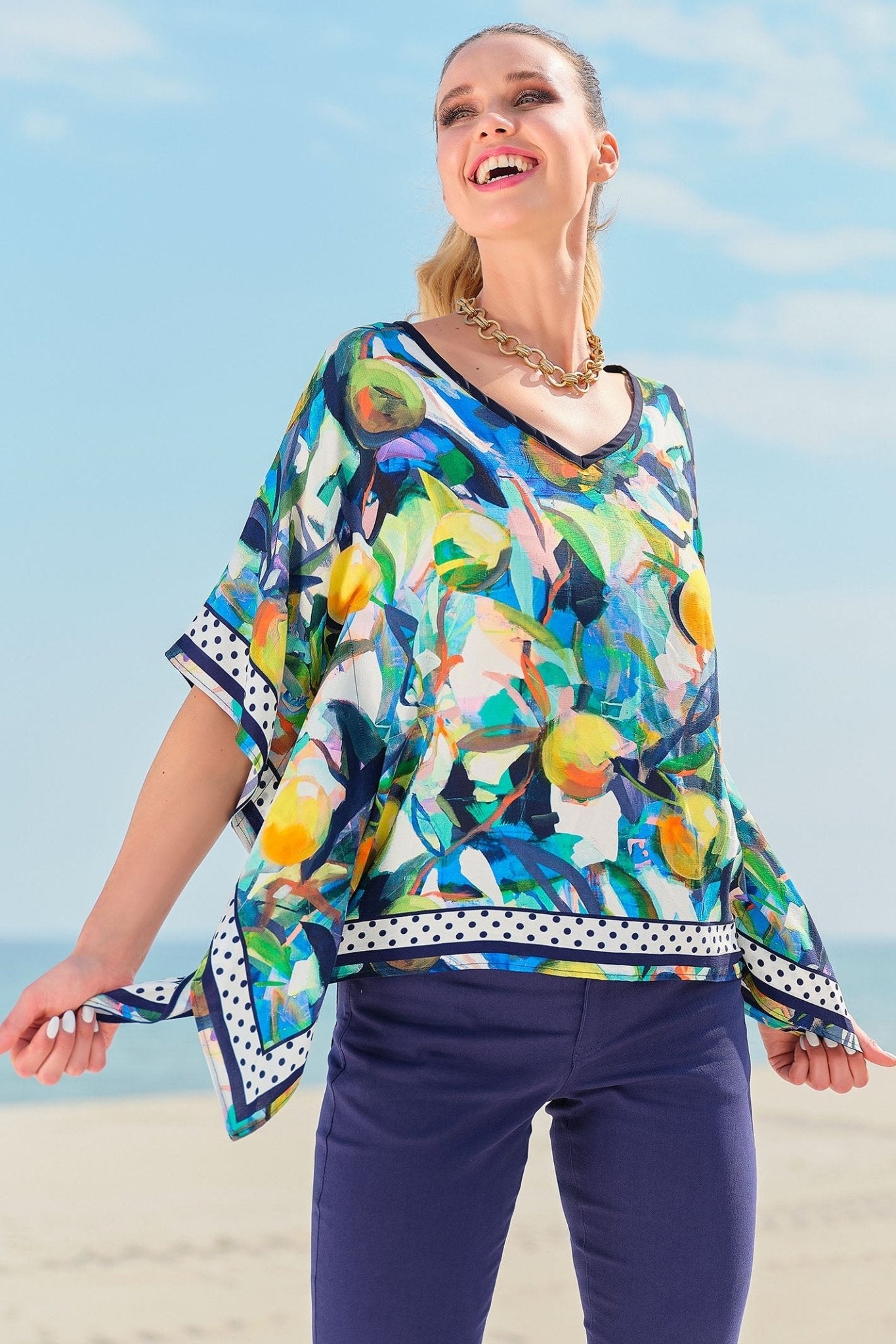 Dolcezza 24650 Orangerie Navy V-Neck Handerchief Top - Dotique Chesterfield