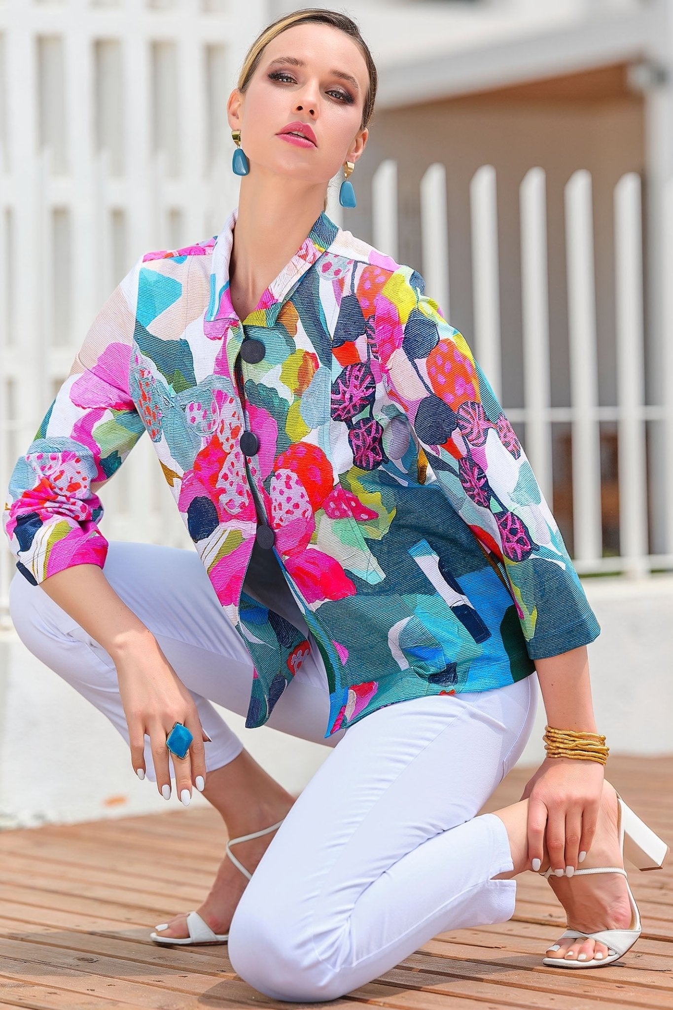 Dolcezza 24678 Rumba Pink Print Three Button Jacket - Dotique Chesterfield