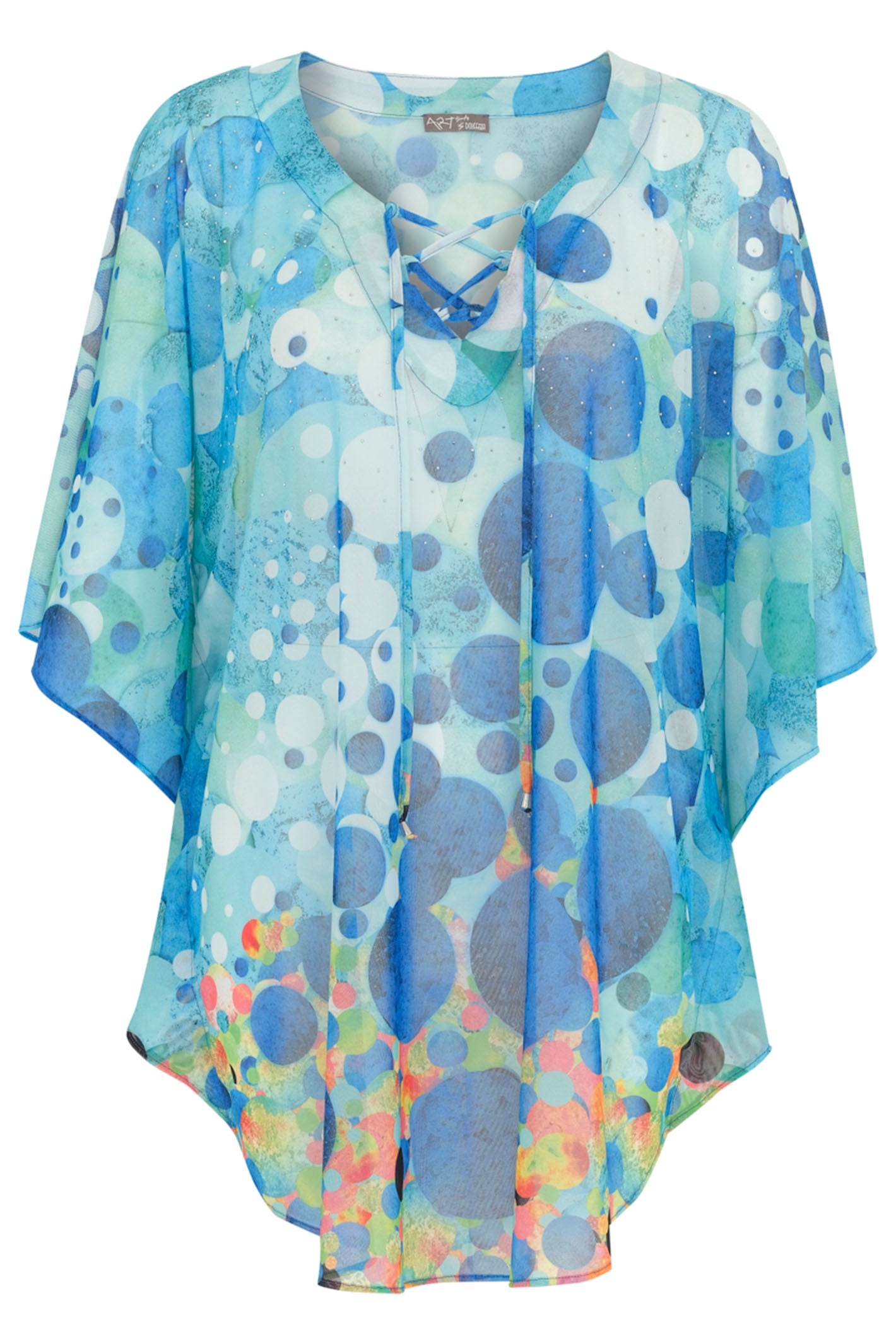 Dolcezza 24801 Turquoise Blue Big Angel Fish Mosaic Tie Neck Top