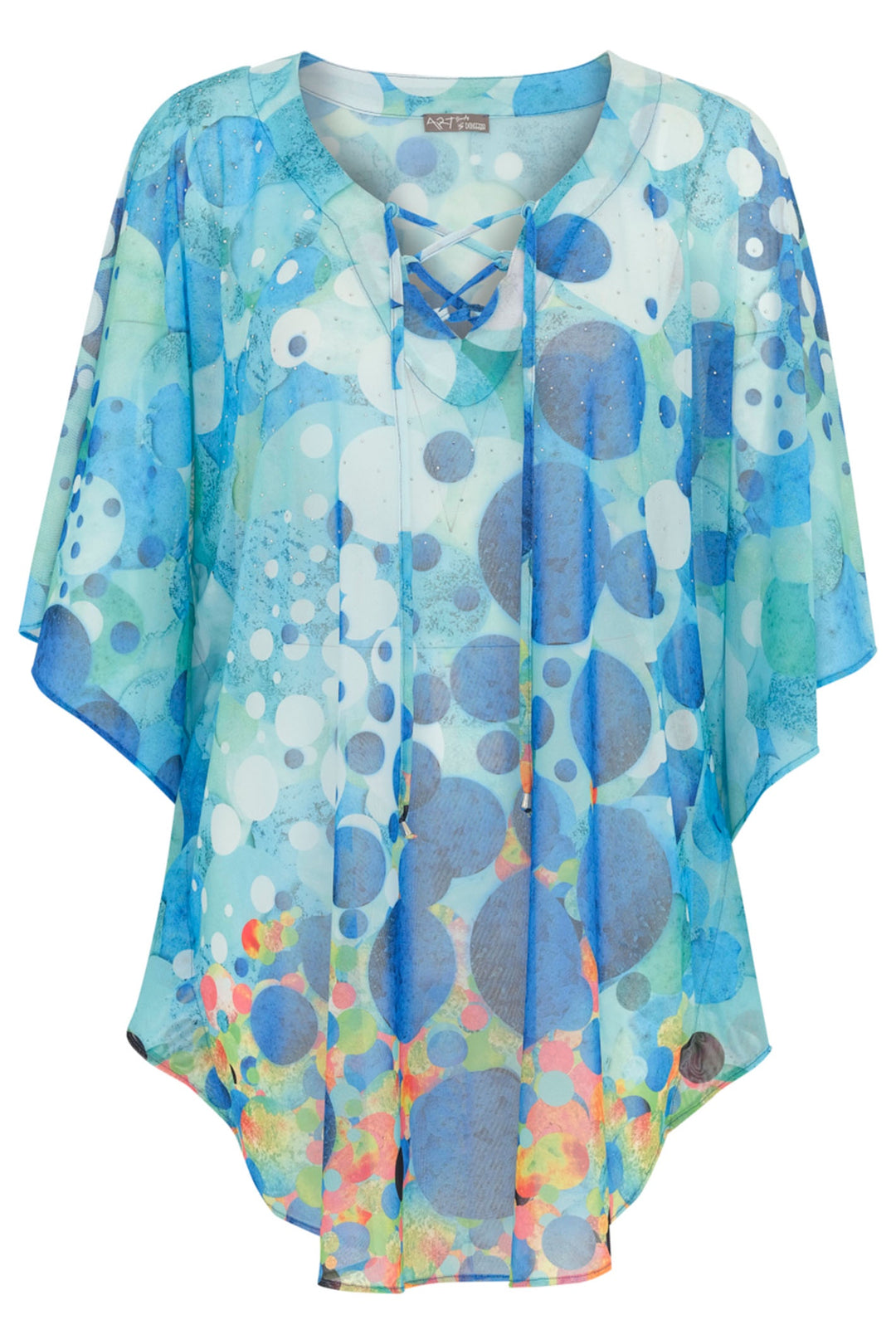 Dolcezza 24801 Turquoise Blue Big Angel Fish Mosaic Tie Neck Top - Dotique Chesterfield