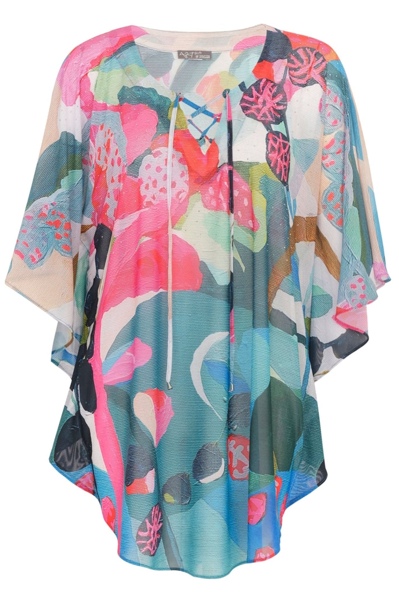 Dolcezza 24803 Rumba Pink Print Tie Neck Kaftan Top - Dotique Chesterfield